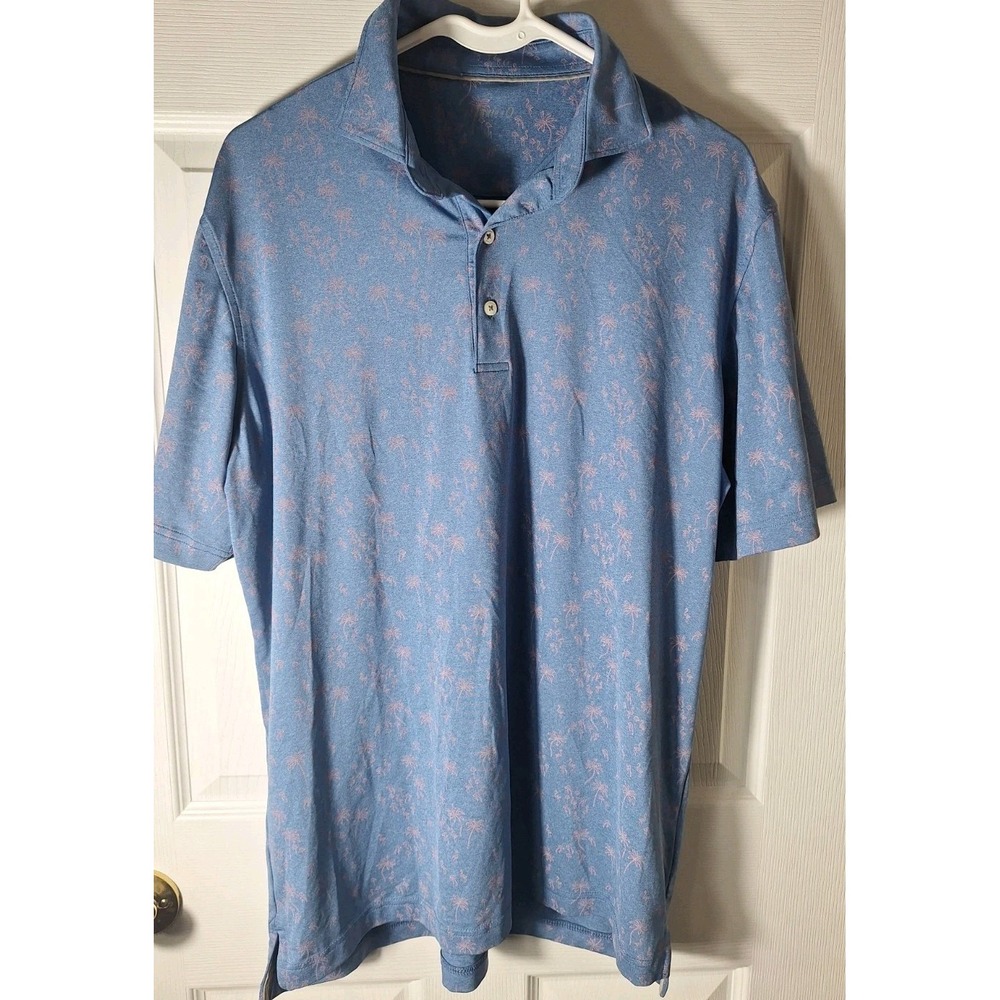 Johnnie O Polo Shirt Mens Medium Blue Pink Flamingo Palm Tree Golf Performance